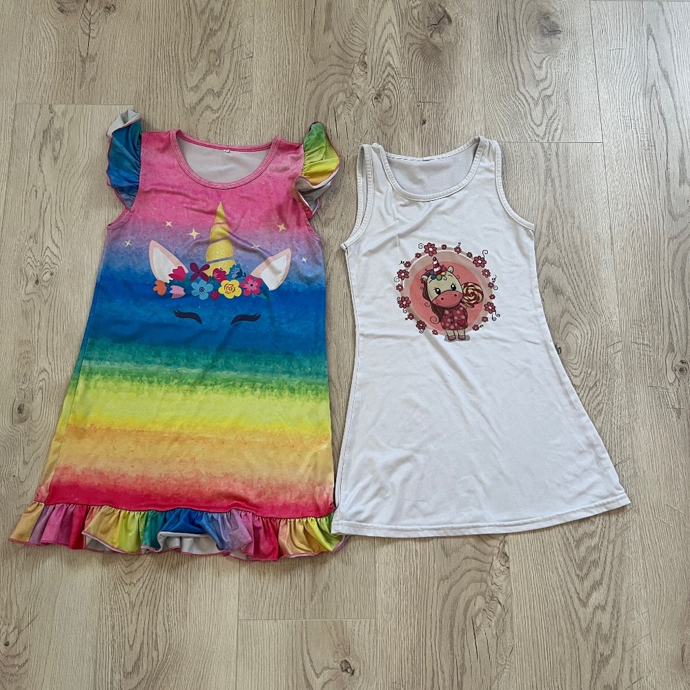 Unicorn Printed Girls Rainbow Nightgown, Nightshirt Princess Sz. 6-7 ( 2 PC)